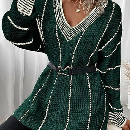 Women's Striped Tunic Long Sleeve Sweaters Casual V Neck Color Block Knit Pullover Jumper Tops