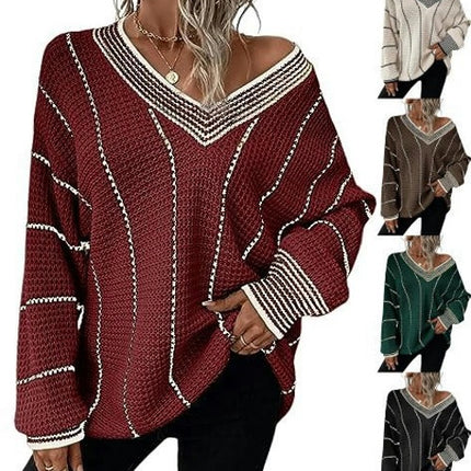 Women's Striped Tunic Long Sleeve Sweaters Casual V Neck Color Block Knit Pullover Jumper Tops