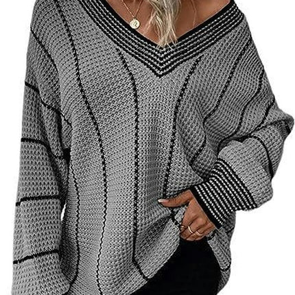 Women's Striped Tunic Long Sleeve Sweaters Casual V Neck Color Block Knit Pullover Jumper Tops