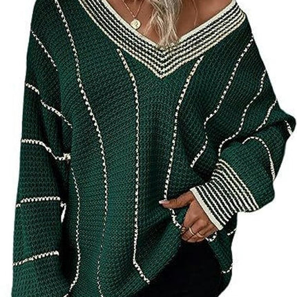 Women's Striped Tunic Long Sleeve Sweaters Casual V Neck Color Block Knit Pullover Jumper Tops