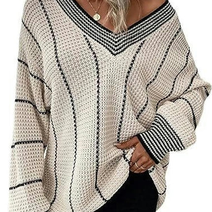 Women's Striped Tunic Long Sleeve Sweaters Casual V Neck Color Block Knit Pullover Jumper Tops