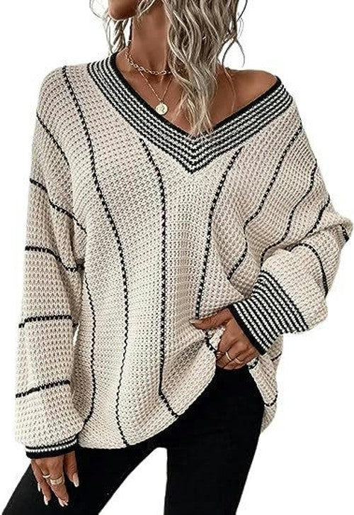 Women's Striped Tunic Long Sleeve Sweaters Casual V Neck Color Block Knit Pullover Jumper Tops