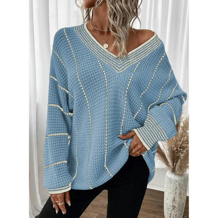 Women's Striped Tunic Long Sleeve Sweaters Casual V Neck Color Block Knit Pullover Jumper Tops