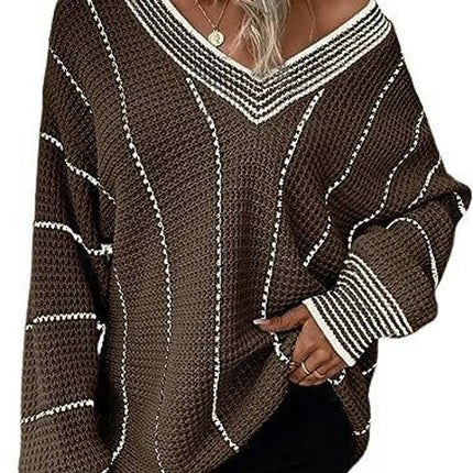 Women's Striped Tunic Long Sleeve Sweaters Casual V Neck Color Block Knit Pullover Jumper Tops