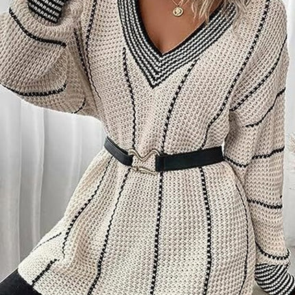 Women's Striped Tunic Long Sleeve Sweaters Casual V Neck Color Block Knit Pullover Jumper Tops