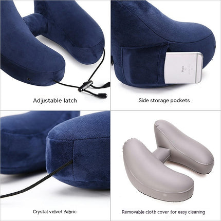 Inflatable Neck Pillow for Airplane Travel with Hoodie, Portable Neck Head Chin Support