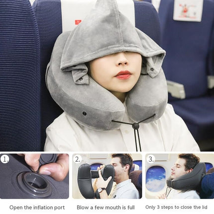 Inflatable Neck Pillow for Airplane Travel with Hoodie, Portable Neck Head Chin Support