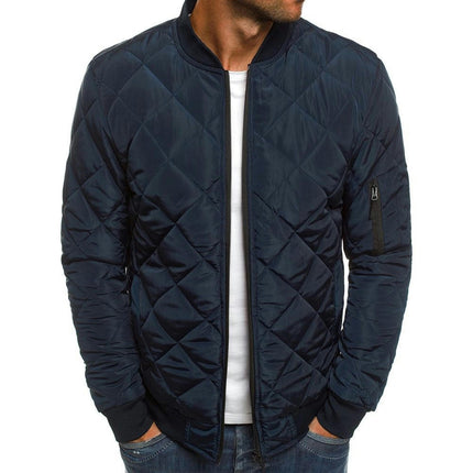 Mens Diamond Quilted Cord Trim Jacket Long Sleeve Warm Bomber Jacket  Down Lightweight Winter Coat