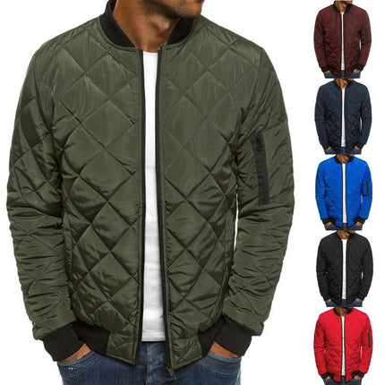 Mens Diamond Quilted Cord Trim Jacket Long Sleeve Warm Bomber Jacket  Down Lightweight Winter Coat