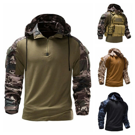 Men's 1/4 Zip Tactical Long Sleeve Shirt Military Style Combat Shirt with Pockets Hooded