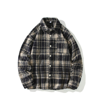 Men's casual plaid shirt long sleeve button down woolen coat shirt jacket