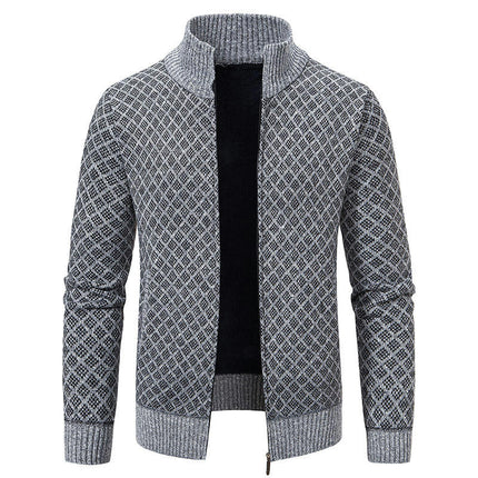 Mens Fleece Cardigan Winter Solid Color Knitted Jacket Thick Warm Sweater