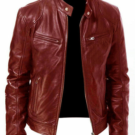 Men's Vintage Stand Collar Leather Jacket Motorcycle PU Jacket and Coat