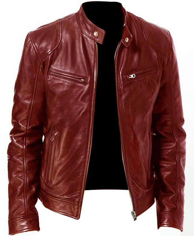 Men's Vintage Stand Collar Leather Jacket Motorcycle PU Jacket and Coat