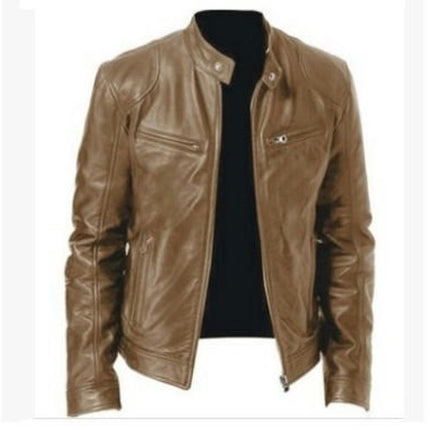 Men's Vintage Stand Collar Leather Jacket Motorcycle PU Jacket and Coat