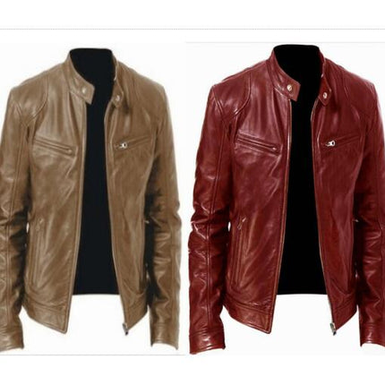 Men's Vintage Stand Collar Leather Jacket Motorcycle PU Jacket and Coat