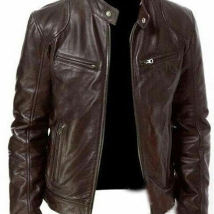 Men's Vintage Stand Collar Leather Jacket Motorcycle PU Jacket and Coat