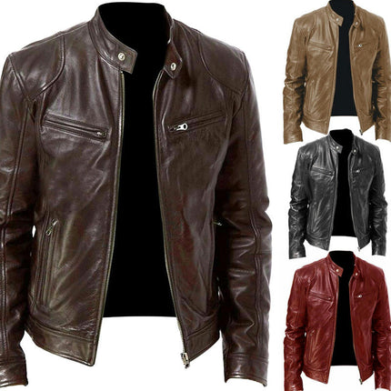 Men's Vintage Stand Collar Leather Jacket Motorcycle PU Jacket and Coat