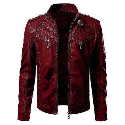 Men's Stand Collar Leather Jacket Motorcycle Lightweight Faux Leather Outwear