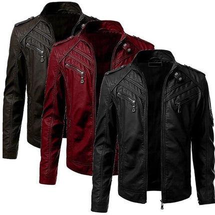 Men's Stand Collar Leather Jacket Motorcycle Lightweight Faux Leather Outwear