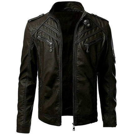 Men's Stand Collar Leather Jacket Motorcycle Lightweight Faux Leather Outwear