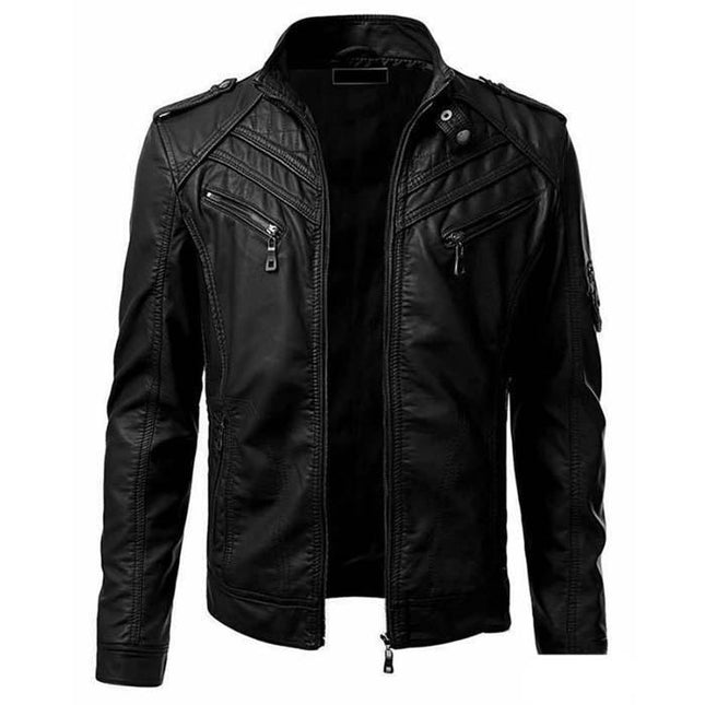 Men's Stand Collar Leather Jacket Motorcycle Lightweight Faux Leather Outwear