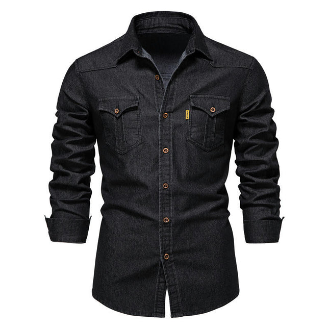 Mens Denim Shirts Stretch Cotton Top Work Shirts Button Down Shirt Denim Jackets Muscle Slim Fit