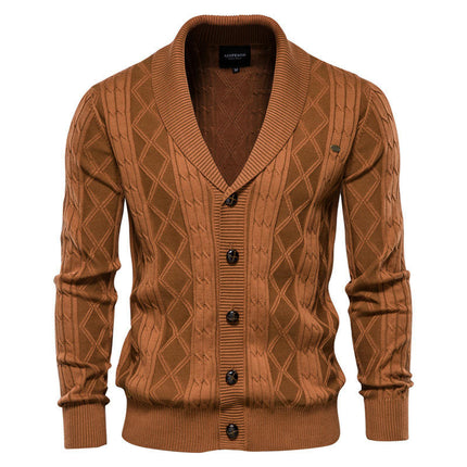 Men's Casual Long Sleeve Shawl Collar Buttons Down Cable Knit Cardigan Sweater