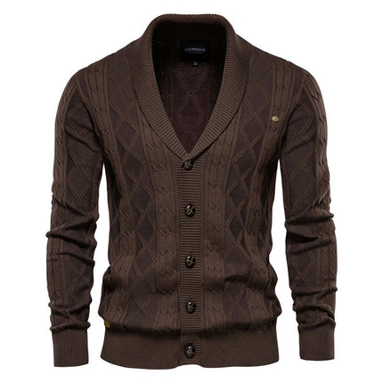 Men's Casual Long Sleeve Shawl Collar Buttons Down Cable Knit Cardigan Sweater