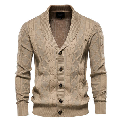 Men's Casual Long Sleeve Shawl Collar Buttons Down Cable Knit Cardigan Sweater