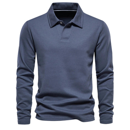 Men's Lapel V-Neck Top Long Sleeve Stretch Knit Fashion Pullover Shirt