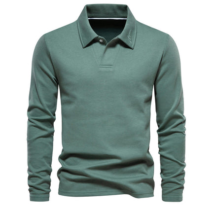 Men's Lapel V-Neck Top Long Sleeve Stretch Knit Fashion Pullover Shirt