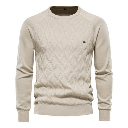 Men's diamond pattern knitwear casual round neck warm long sleeve sweater pullover men's tops