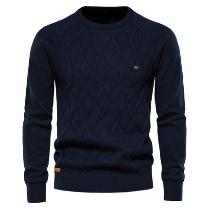 Men's diamond pattern knitwear casual round neck warm long sleeve sweater pullover men's tops