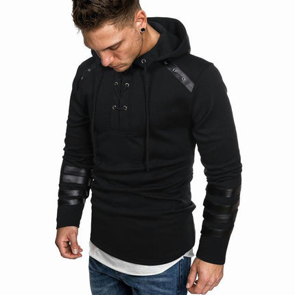 Men's Lace Up Pullover Sweatshirt Casual Loose Hoodie Sweatshirt