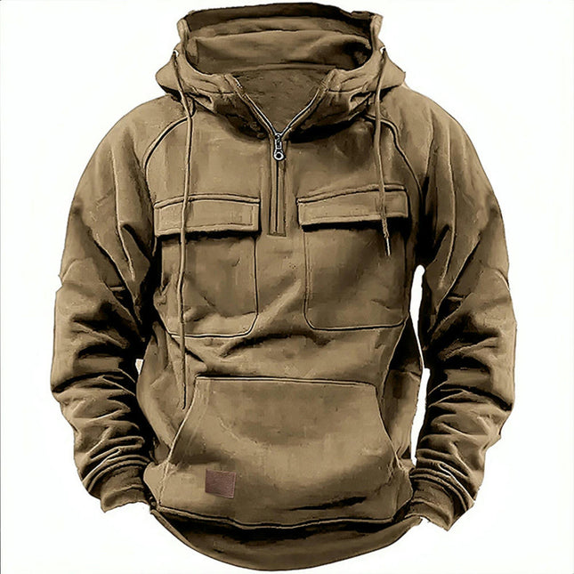 Men's Hooded Solid Color Pullover, Sports Multi Pocket Sweatshirt