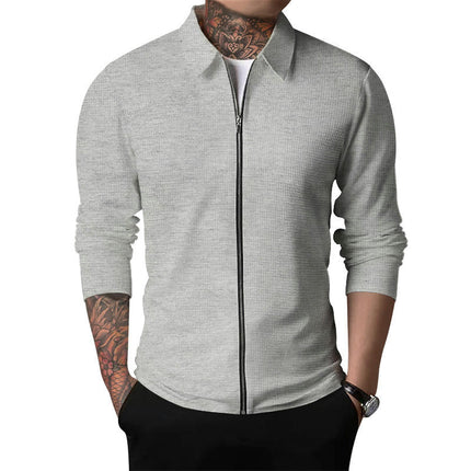 Men Casual Zipper Closure Solid Color Long Sleeve Waffle Jackets