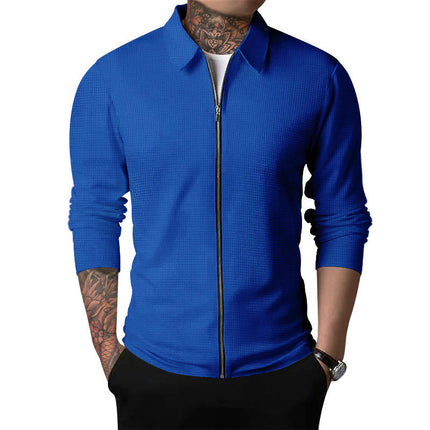 Men Casual Zipper Closure Solid Color Long Sleeve Waffle Jackets