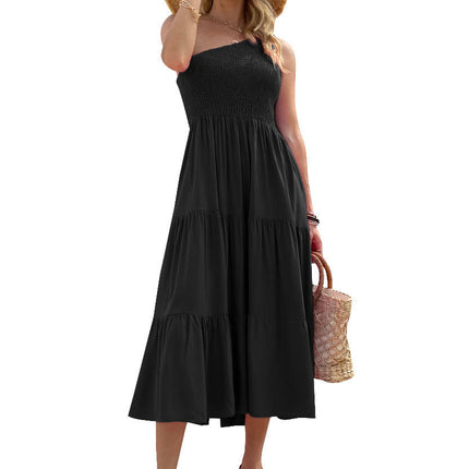 Women's Summer Boho One Shoulder Sleeveless Solid Color Ruffle Tiered Midi Dress