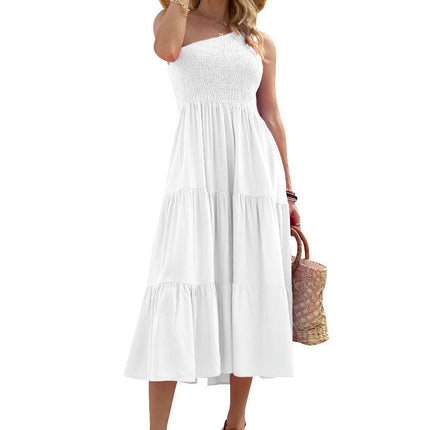 Women's Summer Boho One Shoulder Sleeveless Solid Color Ruffle Tiered Midi Dress