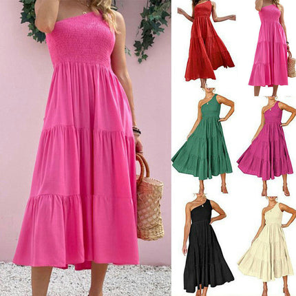 Women's Summer Boho One Shoulder Sleeveless Solid Color Ruffle Tiered Midi Dress