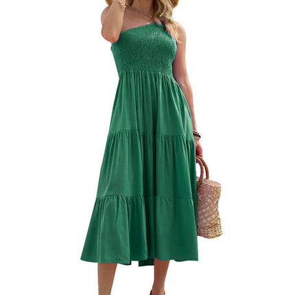 Women's Summer Boho One Shoulder Sleeveless Solid Color Ruffle Tiered Midi Dress