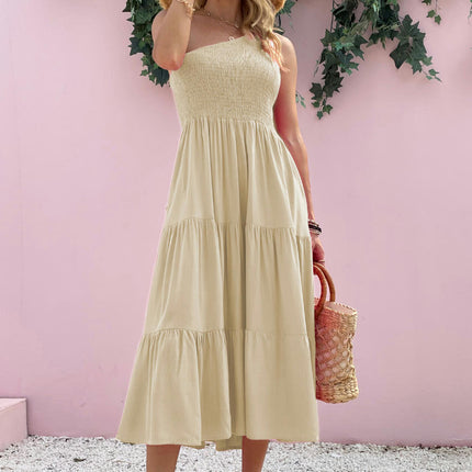 Women's Summer Boho One Shoulder Sleeveless Solid Color Ruffle Tiered Midi Dress