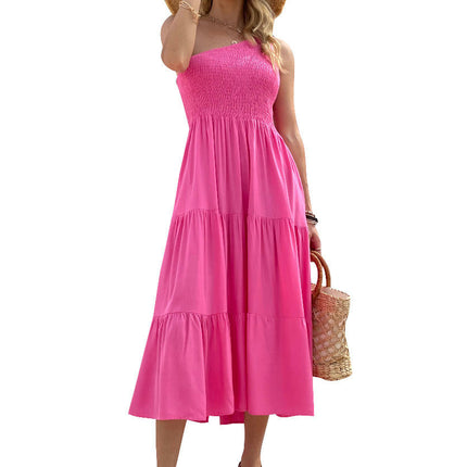 Women's Summer Boho One Shoulder Sleeveless Solid Color Ruffle Tiered Midi Dress