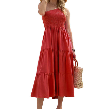 Women's Summer Boho One Shoulder Sleeveless Solid Color Ruffle Tiered Midi Dress