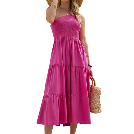 Women's Summer Boho One Shoulder Sleeveless Solid Color Ruffle Tiered Midi Dress