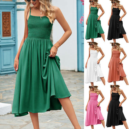 Women's Summer Maxi Dress Boho Sleeveless Spaghetti Strap Smocked Tiered Long Beach Dresses