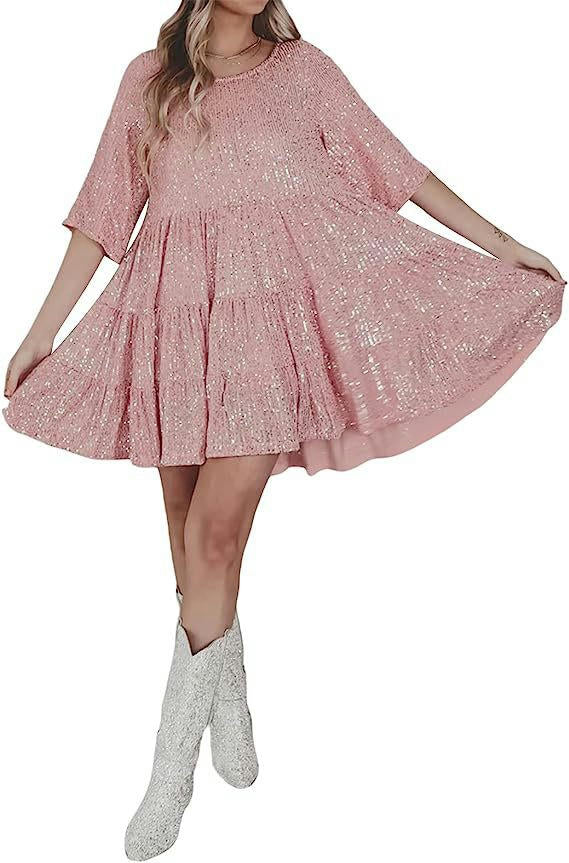 Women Sequin Dress Short Flowy Tiered Ruffle Loose Dress