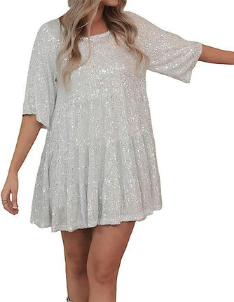 Women Sequin Dress Short Flowy Tiered Ruffle Loose Dress