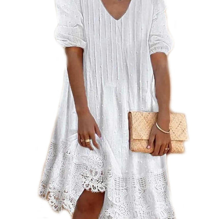 Women Lace V Neck Short Sleeve Flowy A Line Knee Length Dresses